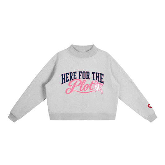 Here for the Plot Women's Oversized Baseball Sweatshirt, Mock Neck Fleece Game Day Pullover | Bleacher Babe