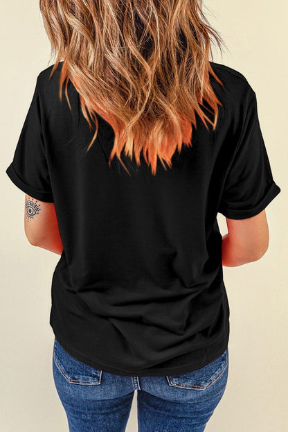 Bleacher Babe Adie black baseball tee with rolled sleeves and a graphic on the back.