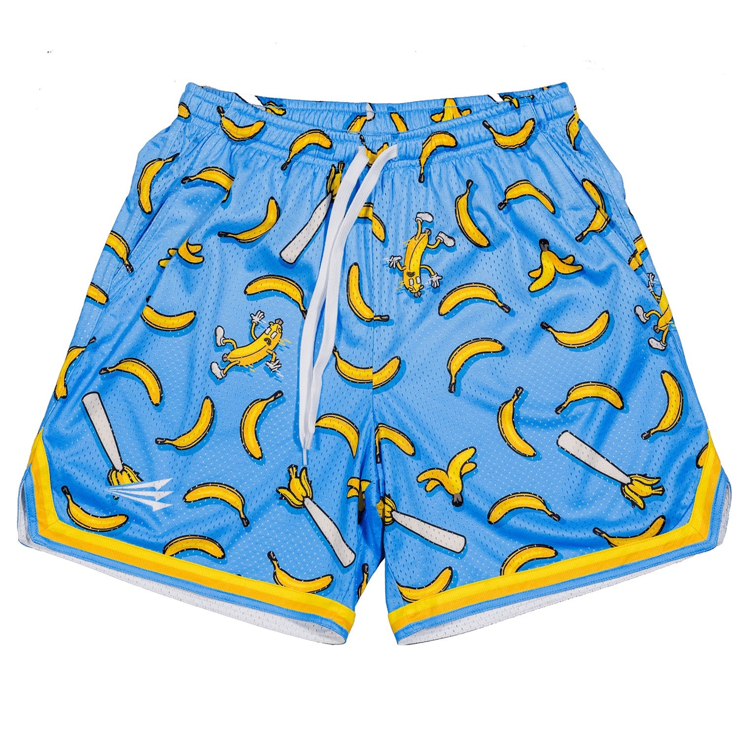Bleacher Babe blue mesh shorts with a fun banana print and yellow trim. Features a drawstring waist and relaxed fit.