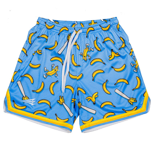 Bleacher Babe blue mesh shorts with a fun banana print and yellow trim. Features a drawstring waist and relaxed fit.
