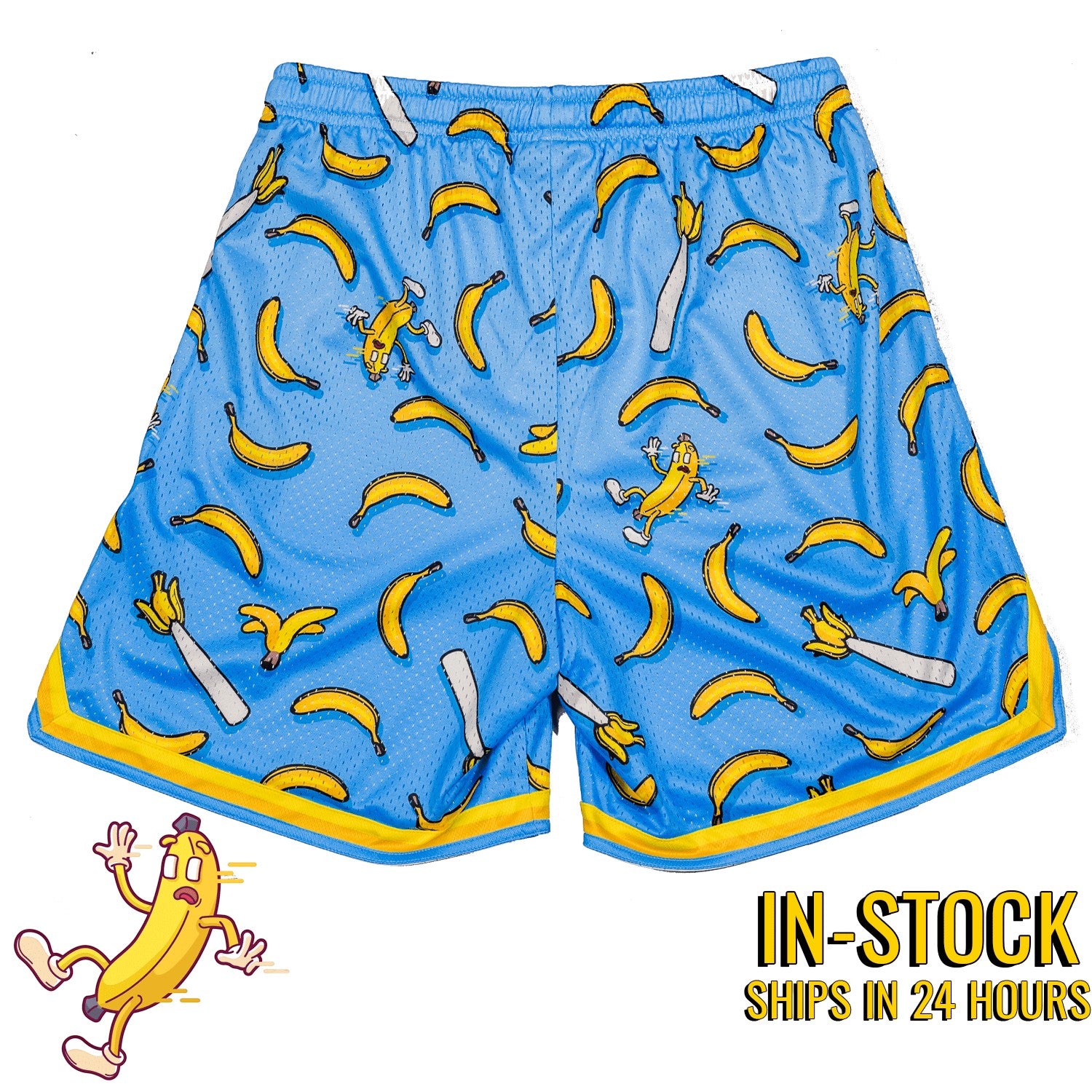 Bleacher Babe blue mesh basketball shorts with a fun banana print and yellow trim.