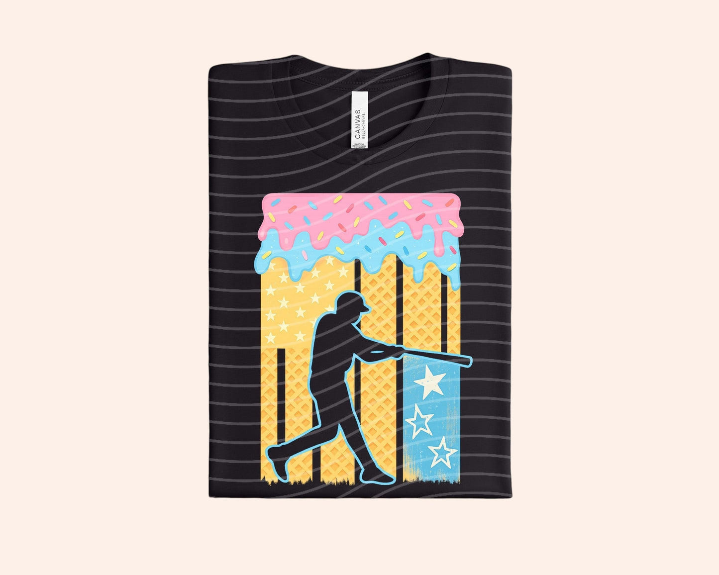Bleacher Babe black graphic tee with a baseball player silhouette and ice cream cone design.