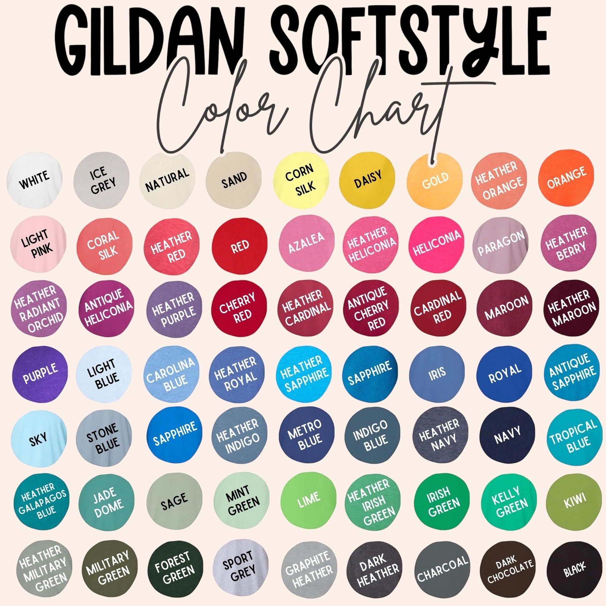 Bleacher Babe Baseball Drip classic graphic tee color chart showing Gildan Softstyle options.