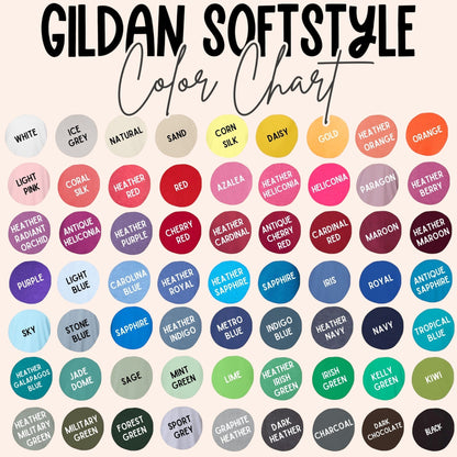 Bleacher Babe Baseball Drip classic graphic tee color chart showing Gildan Softstyle options.