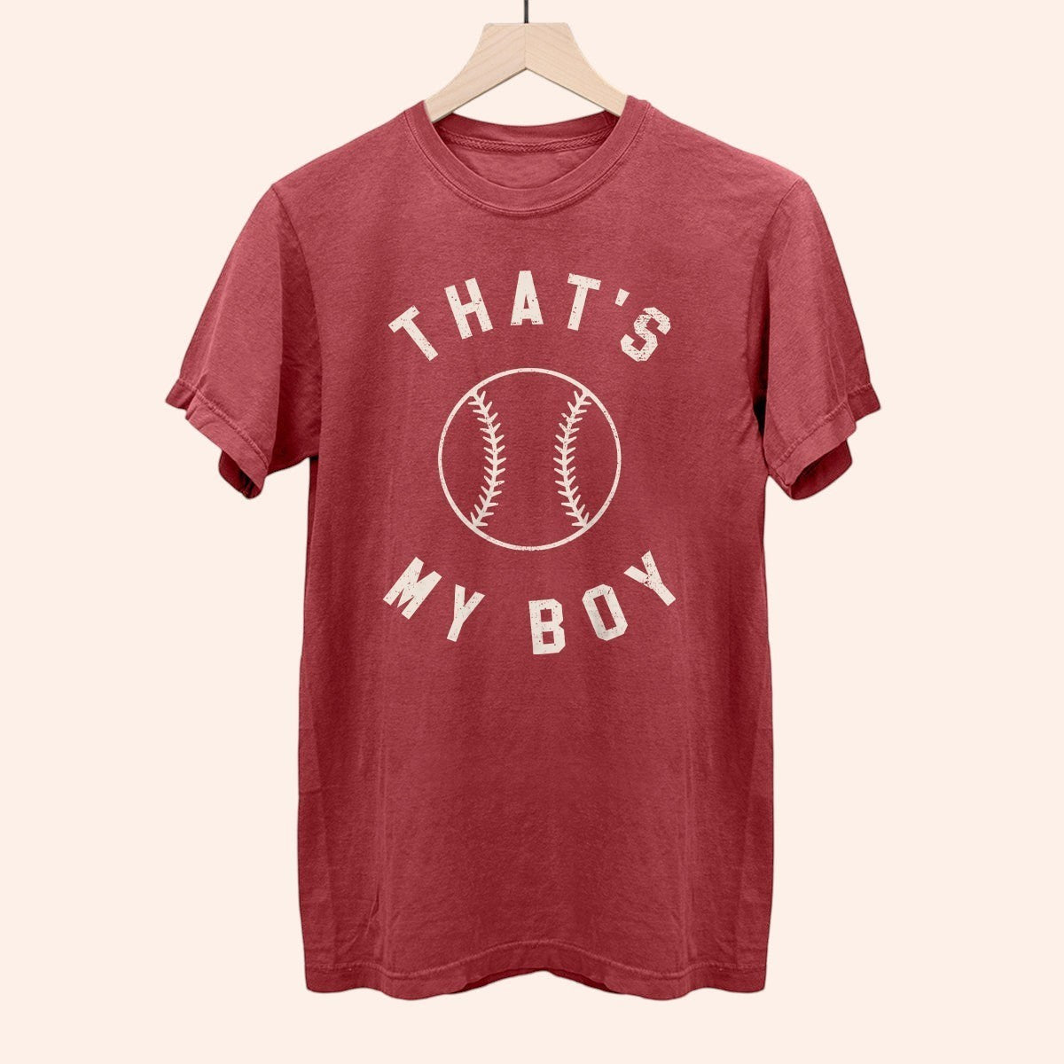 Bleacher Babe red heathered cotton blend graphic t-shirt with "That's My Boy" and baseball graphic.