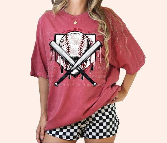 Bleacher Babe women's red graphic tee with baseball and crossed bats design. Soft cotton, relaxed fit.