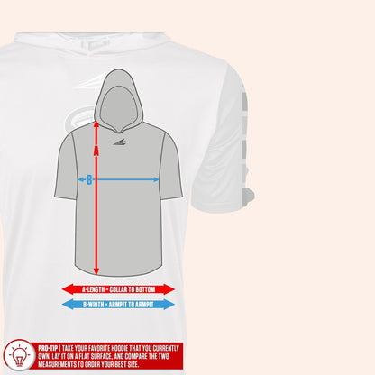 Bleacher Babe white short sleeve baseball hoodie with size chart graphic. HyperMAX fabric.