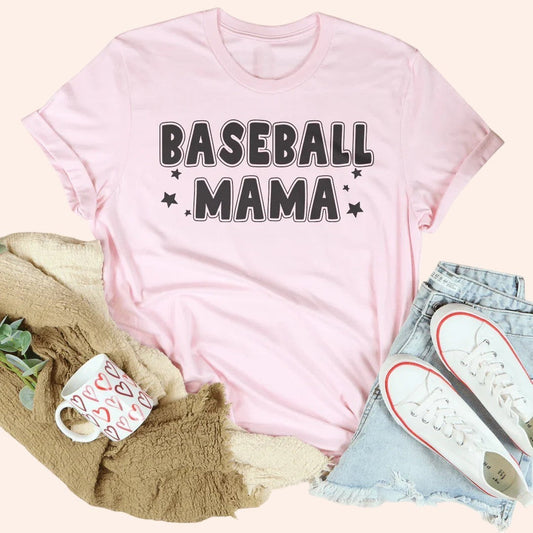 Bleacher Babe pink graphic tee with "BASEBALL MAMA" in black block letters and small stars.
