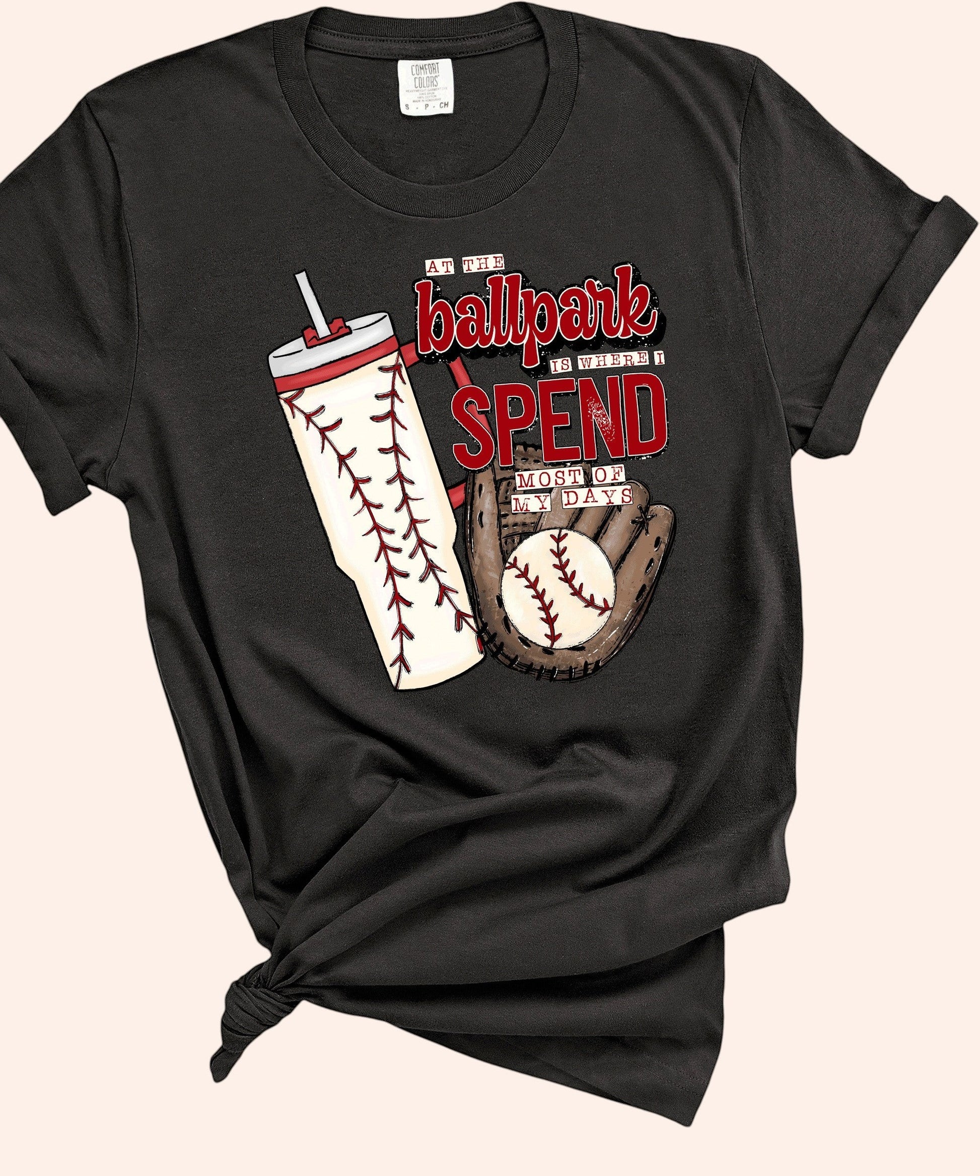Bleacher Babe black graphic tee with baseball glove, ball, and tumbler design. Reads "At the ballpark is where I spend most of my days."