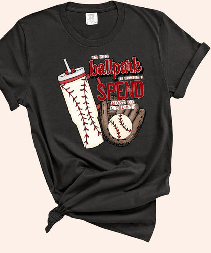 Bleacher Babe black graphic tee with baseball glove, ball, and tumbler design. Reads "At the ballpark is where I spend most of my days."