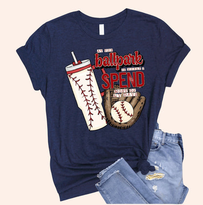 Bleacher Babe navy blue baseball mom graphic tee with baseball, glove, and tumbler design. Soft cotton.