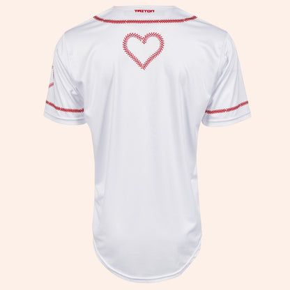 Bleacher Babe white baseball jersey with red stitching detail and a baseball-stitched heart on the back.