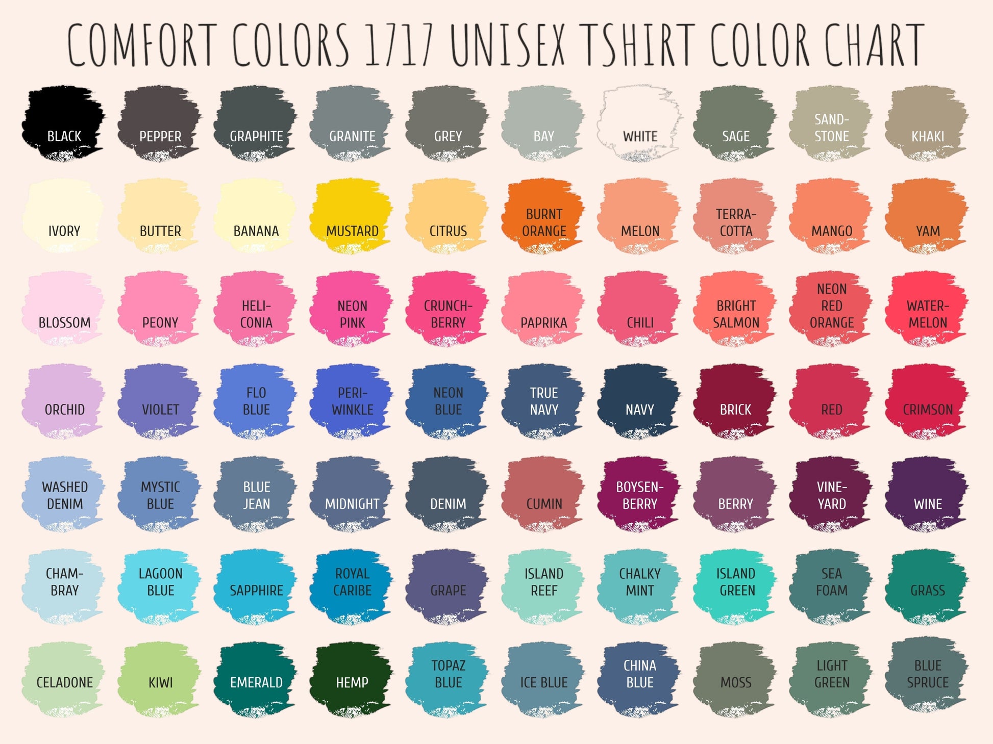 Bleacher Babe baseball mom graphic tee color chart featuring 50 comfort colors.