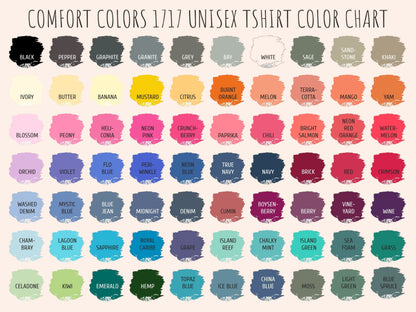 Bleacher Babe baseball mom graphic tee color chart featuring 50 comfort colors.