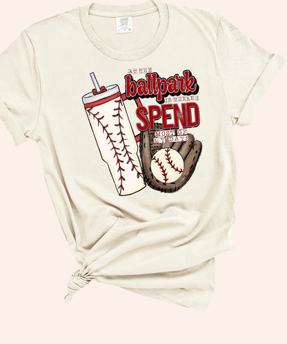 Bleacher Babe baseball mom graphic tee in cream, featuring a tumbler with baseball stitching, a baseball glove, and the text "At the ballpark is where I spend most of my days."