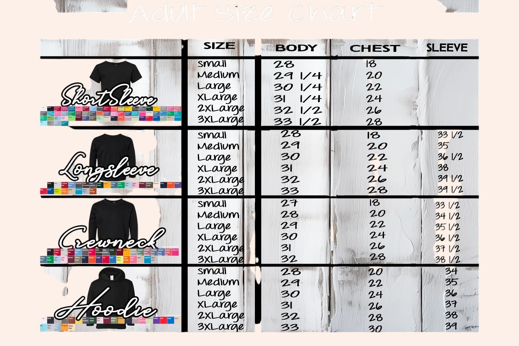Bleacher Babe baseball mom graphic tee size chart for short sleeve, long sleeve, crewneck, and hoodie styles.