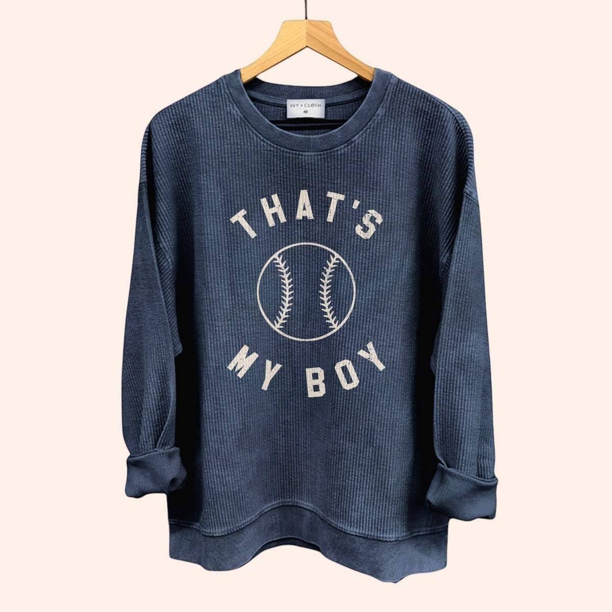 Bleacher Babe navy blue waffle knit crewneck sweatshirt with "That's My Boy" baseball graphic.