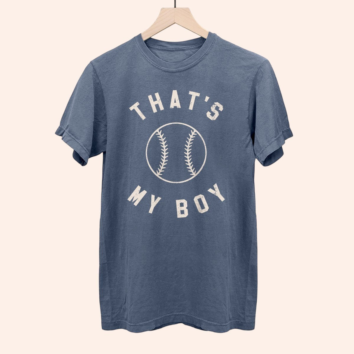 Bleacher Babe blue cotton t-shirt with "That's My Boy" baseball graphic. Perfect for game day.