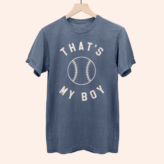 Bleacher Babe blue cotton t-shirt with "That's My Boy" baseball graphic. Perfect for game day.