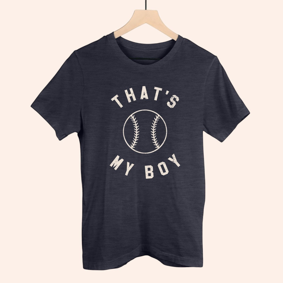 Bleacher Babe navy blue t-shirt with "That's My Boy" baseball graphic. Cotton blend.
