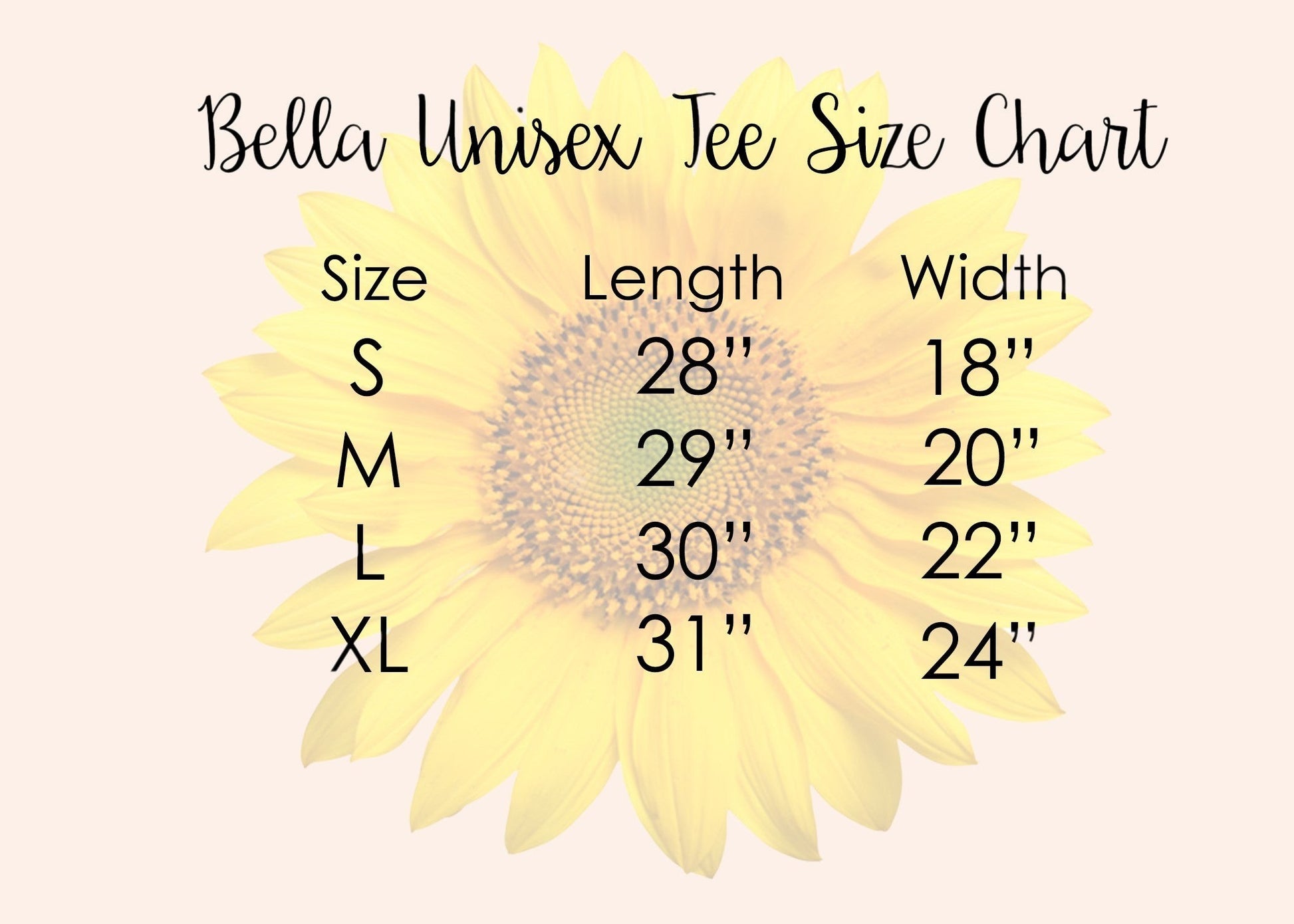 Bleacher Babe Bella Unisex Tee size chart with sizes S, M, L, XL and corresponding length and width measurements.