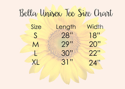 Bleacher Babe Bella Unisex Tee size chart with sizes S, M, L, XL and corresponding length and width measurements.
