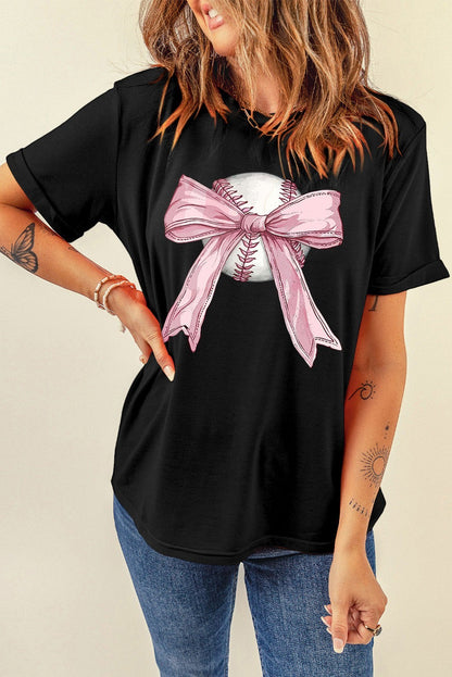 Bleacher Babe black baseball tee with a pink bow graphic on a baseball.