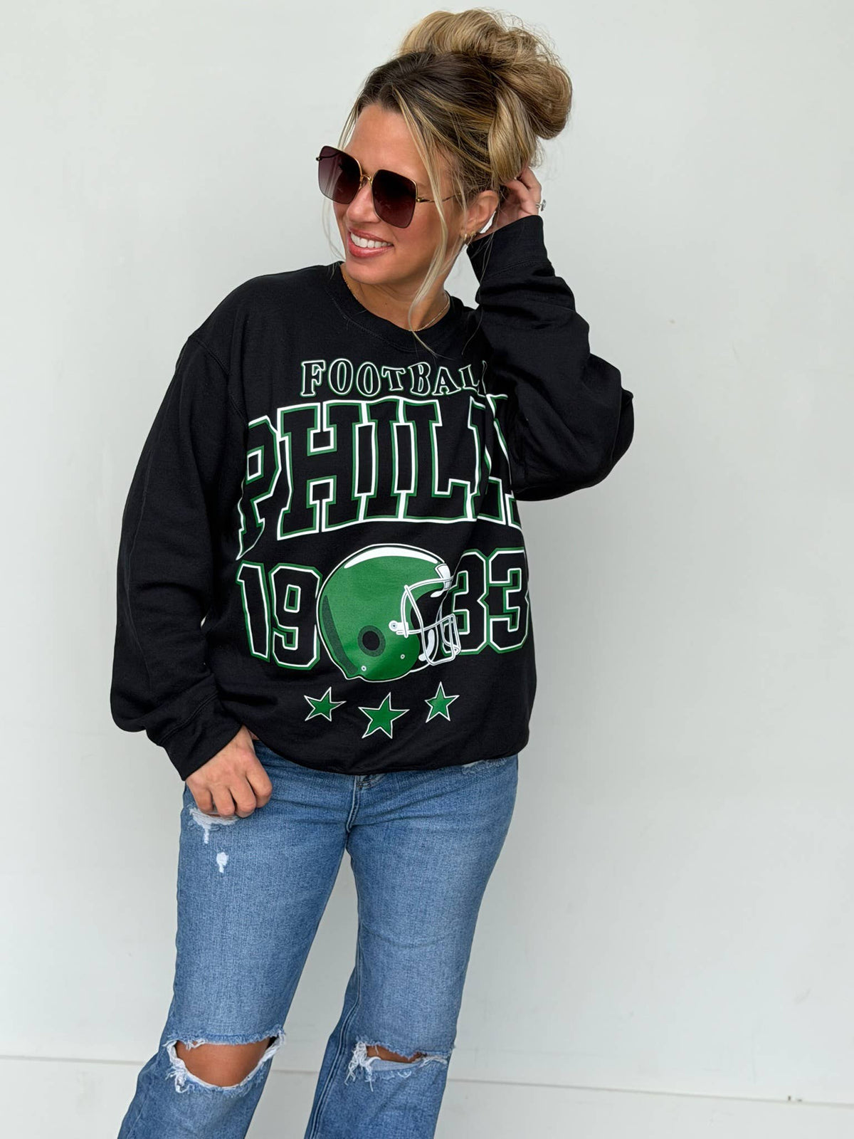 Bleacher Babe black unisex oversized sweatshirt with vintage green and white Philadelphia football graphic print
