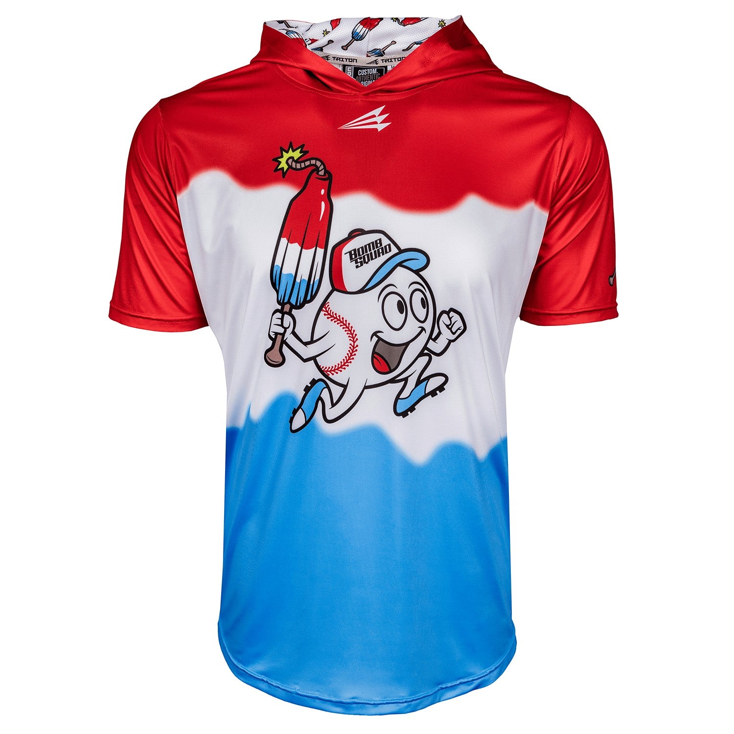 Bleacher Babe Bomb Squad Pop baseball hoodie with short sleeves, red, white, and blue ombre design, and cartoon baseball character.