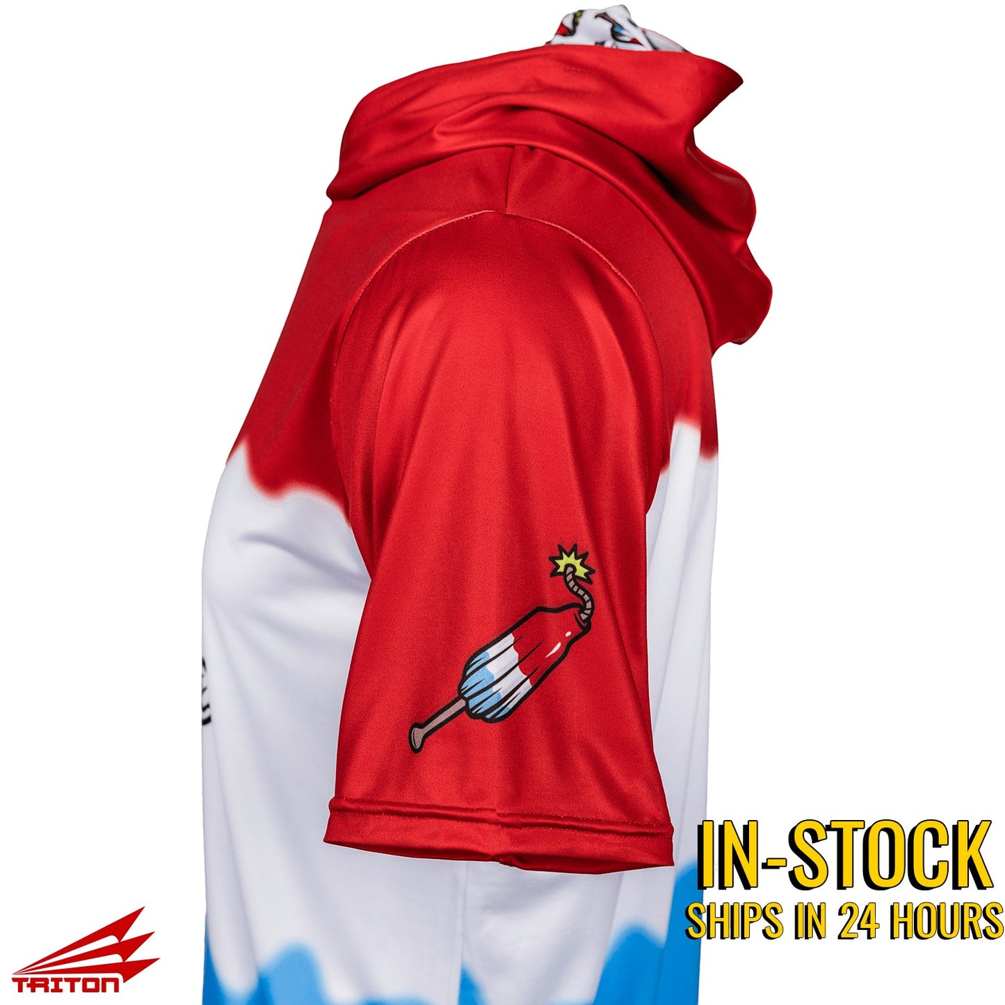 Bleacher Babe Bomb Squad Pop baseball short sleeve hoodie in red, white, and blue with a bomb pop graphic on the sleeve.