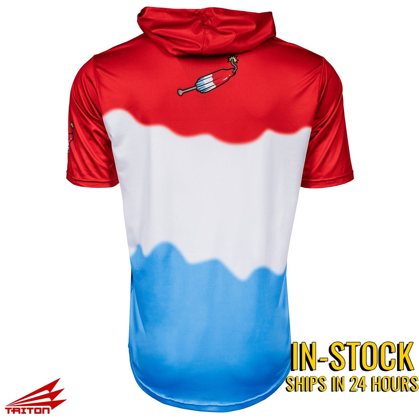 Bleacher Babe Bomb Squad Pop baseball short sleeve hoodie in red, white, and blue tie-dye with a bomb graphic.