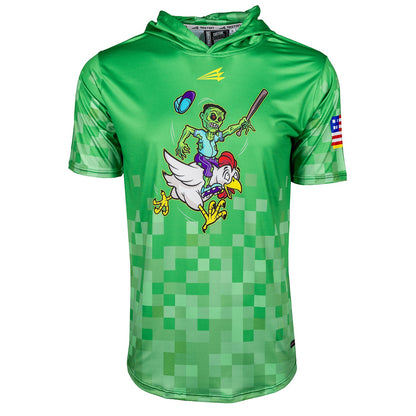 Bleacher Babe green short sleeve hoodie with a zombie riding a chicken graphic, pixelated pattern.