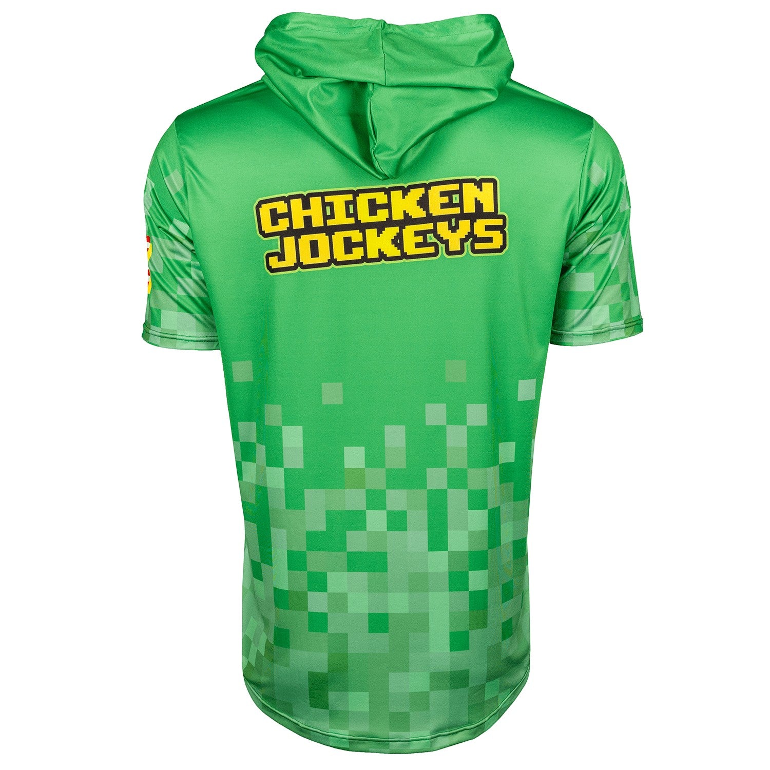 Bleacher Babe green short sleeve hoodie with "Chicken Jockeys" graphic and pixelated design.