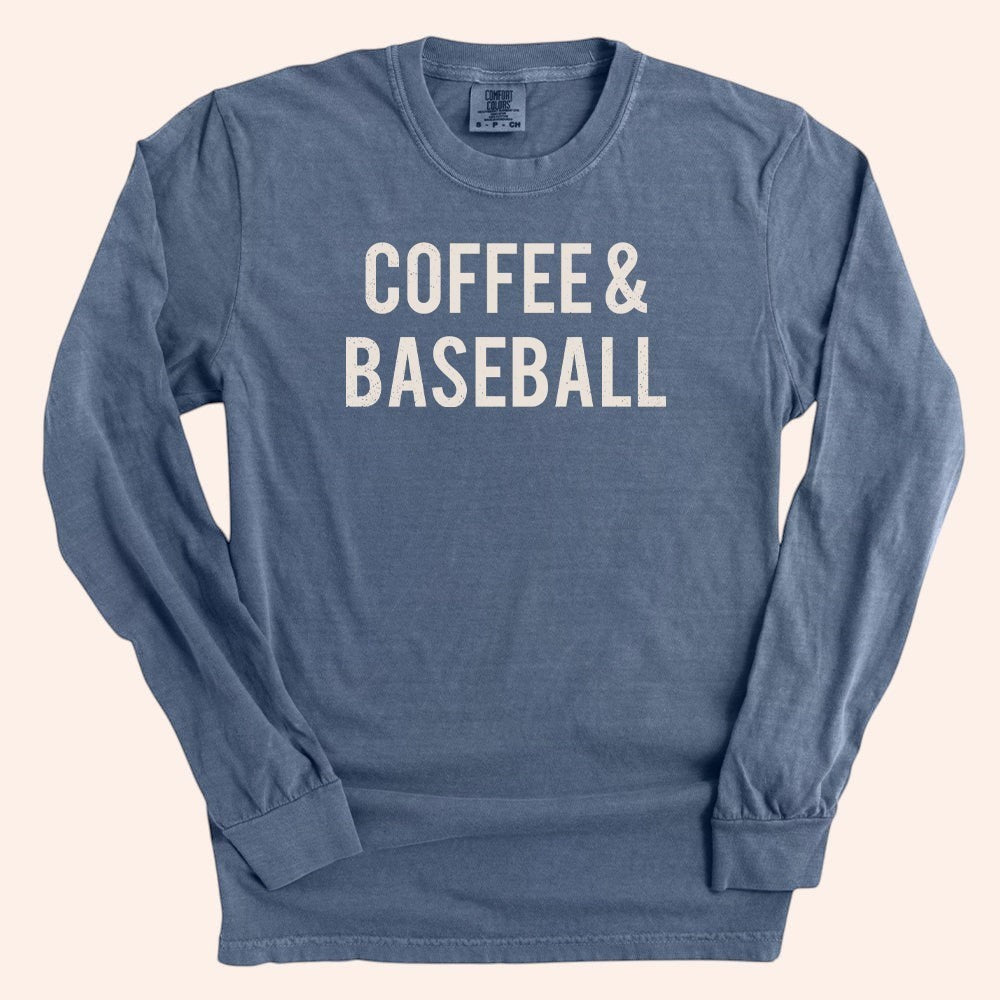 Bleacher Babe blue long sleeve tee with "COFFEE & BASEBALL" graphic print. Cotton blend.