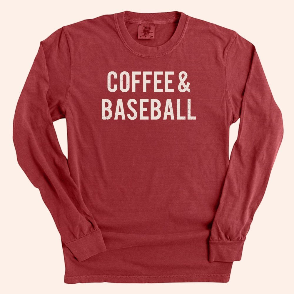 Bleacher Babe maroon long sleeve tee with "COFFEE & BASEBALL" in distressed white text.
