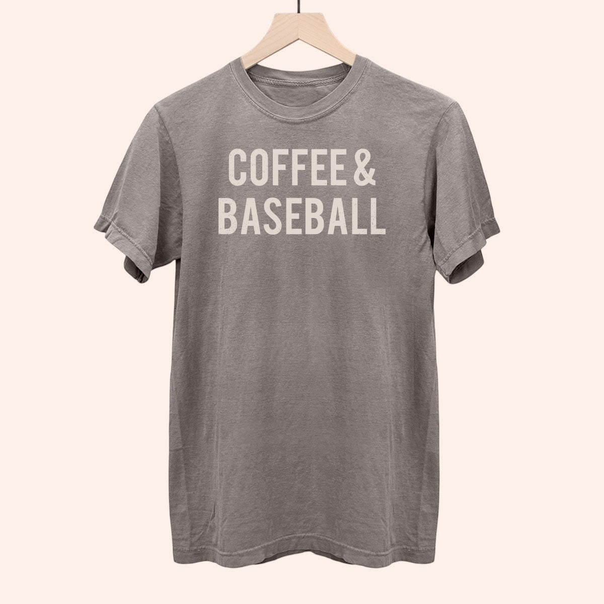 Bleacher Babe grey cotton t-shirt with "COFFEE & BASEBALL" graphic print. Short sleeves, crew neck.