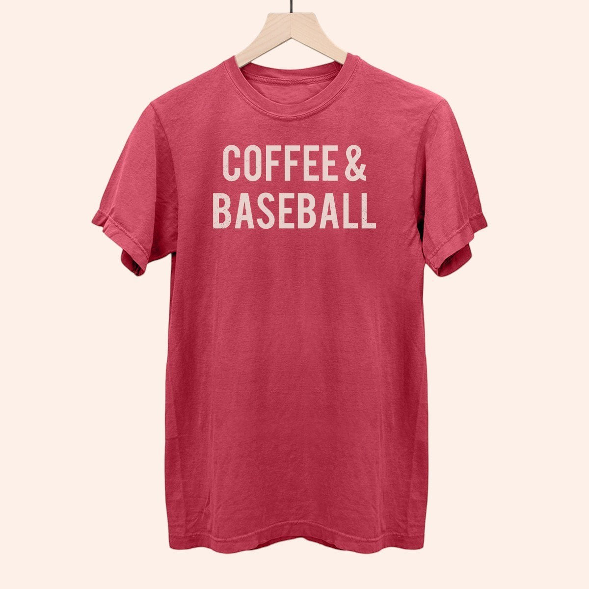 Bleacher Babe red heather t-shirt with "Coffee & Baseball" graphic print. Casual crew neck tee.