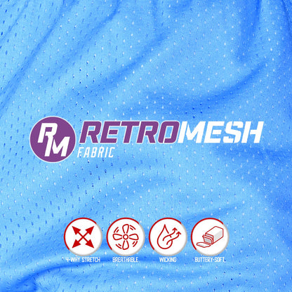 Bleacher Babe light blue mesh baseball shorts with "Freedom Pops" design, 4-way stretch, breathable, and wicking fabric.