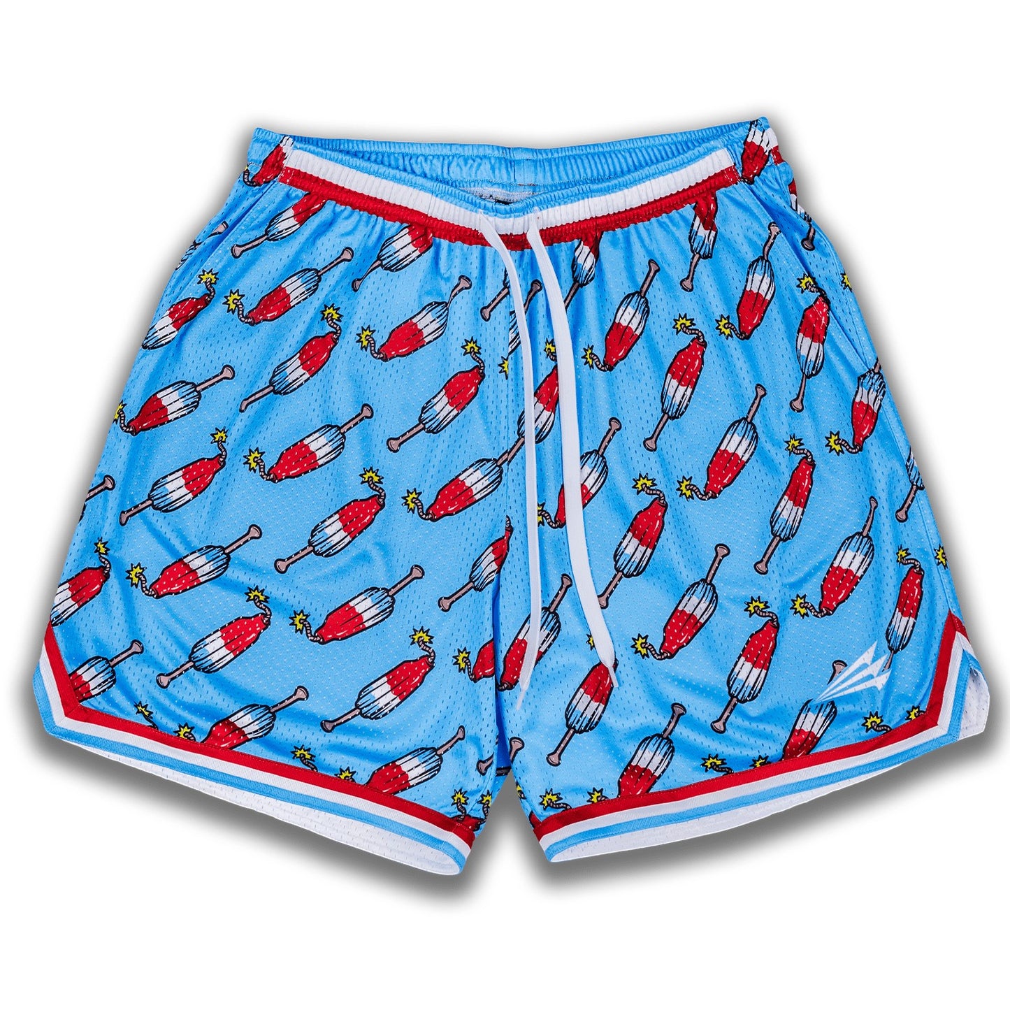 Bleacher Babe light blue mesh baseball shorts with a red, white, and blue popsicle pattern and red and white trim.