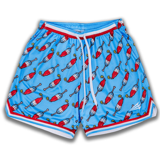 Bleacher Babe light blue mesh baseball shorts with a red, white, and blue popsicle pattern and red and white trim.