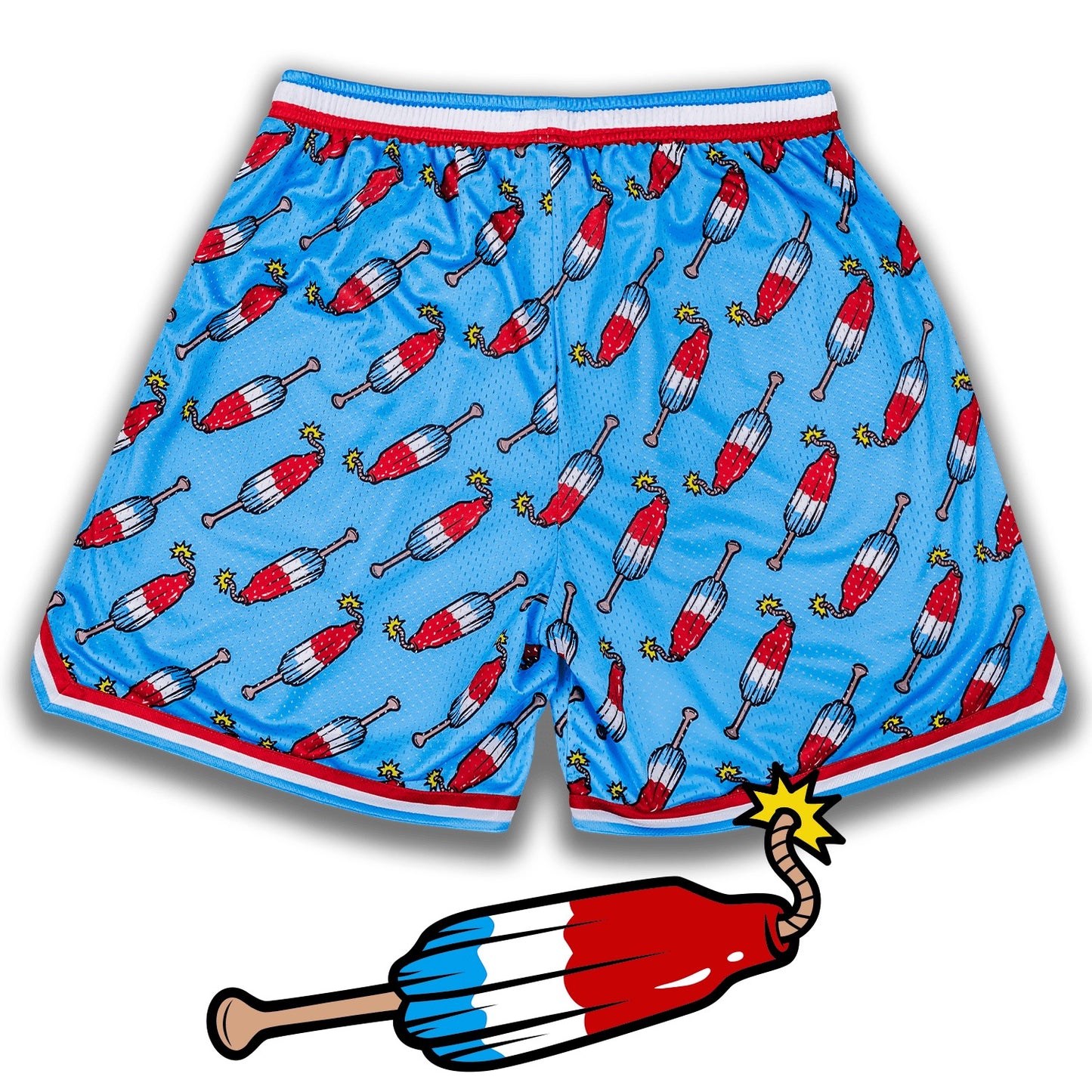 Bleacher Babe light blue mesh baseball shorts with a repeating pattern of red, white, and blue popsicles with fuses.