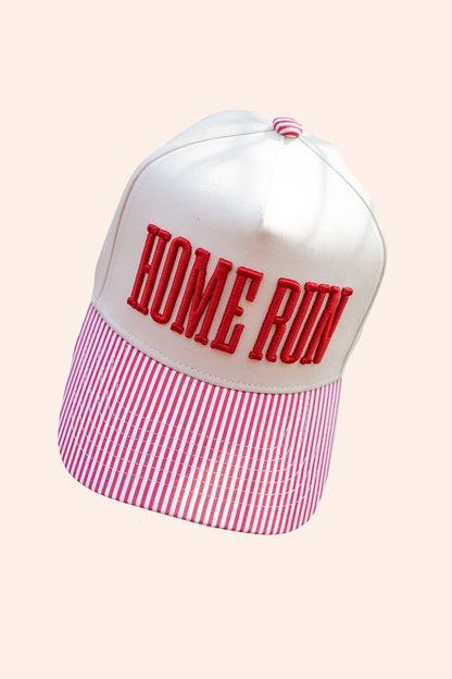 Bleacher Babe Homerun Trucker Hat with red and white striped bill and red embroidered text.