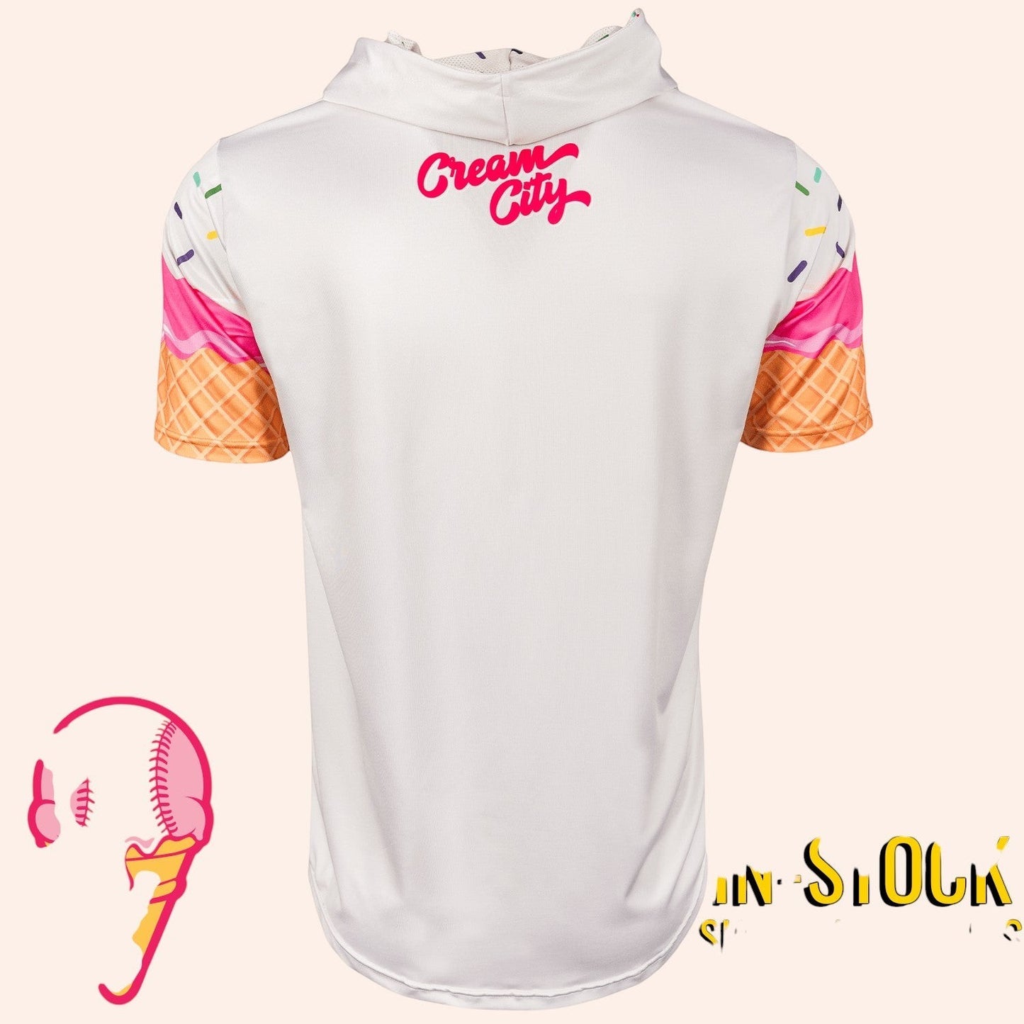 Bleacher Babe white short sleeve baseball hoodie with ice cream cone sleeves and "Cream City" logo.