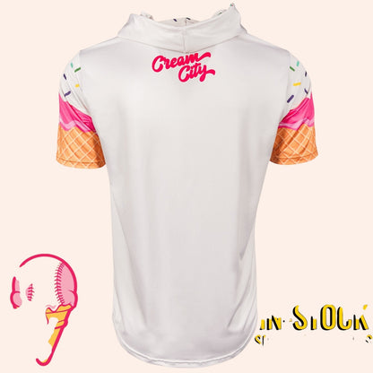 Bleacher Babe white short sleeve baseball hoodie with ice cream cone sleeves and "Cream City" logo.