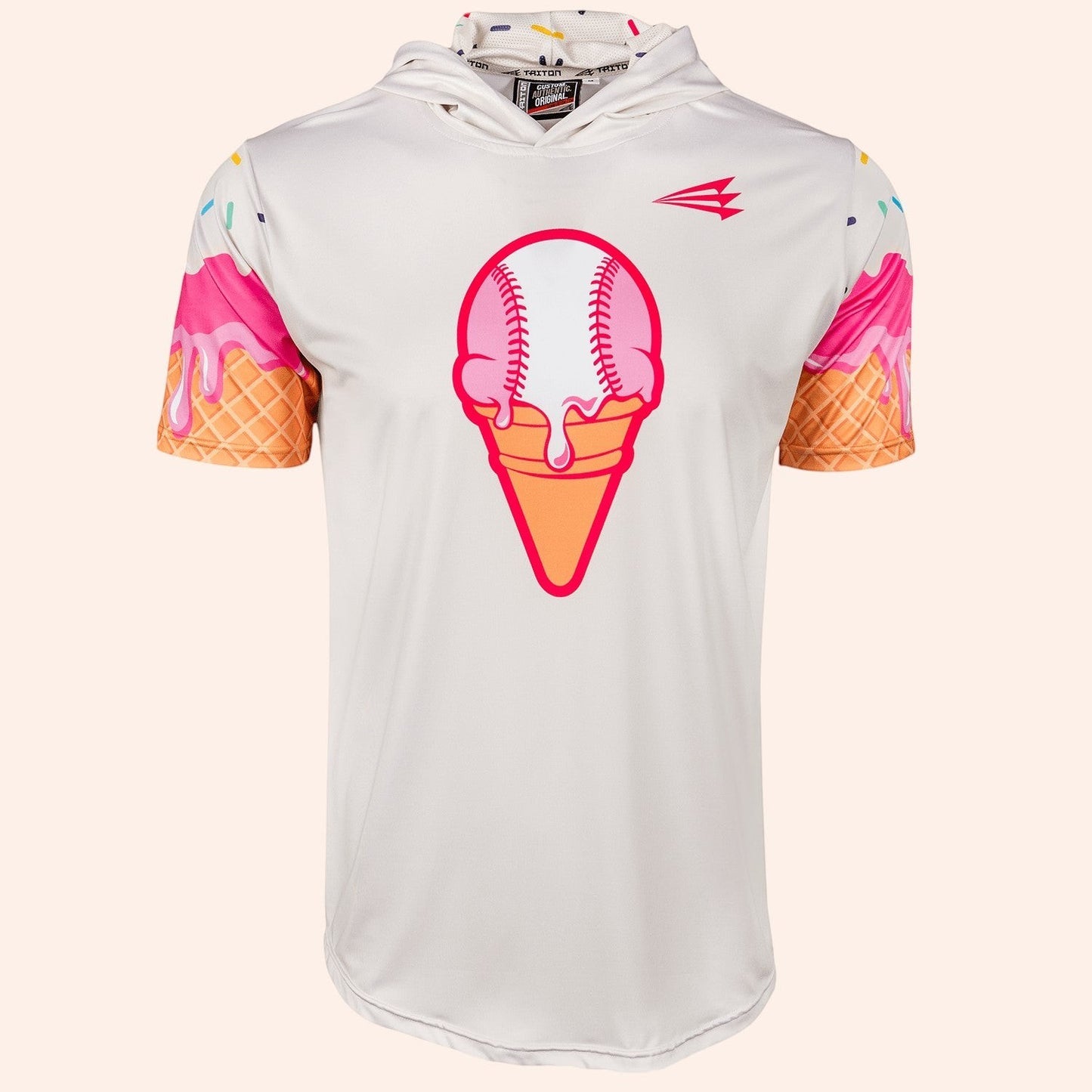 Bleacher Babe white short sleeve baseball hoodie with ice cream cone and baseball graphic on front. Ice cream drip sleeves.