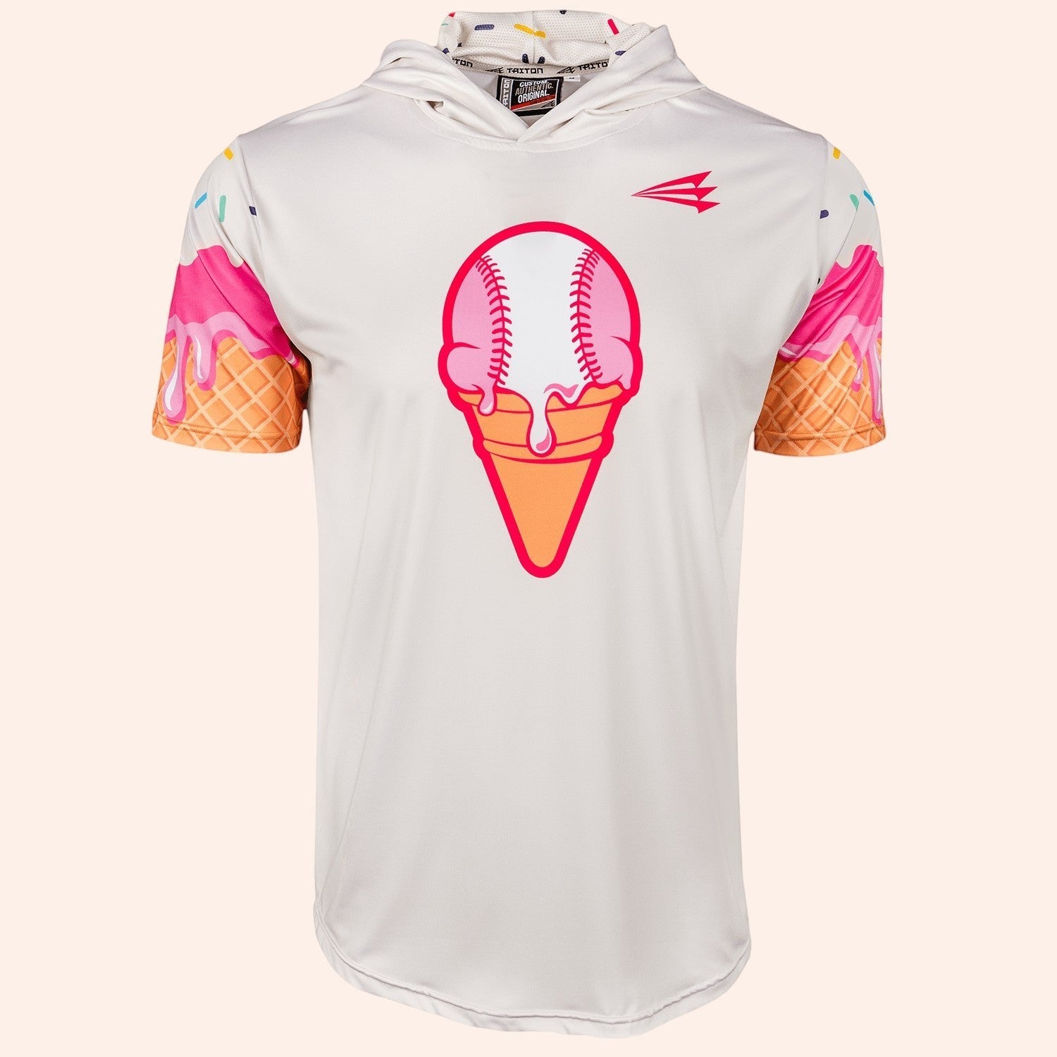 Bleacher Babe white short sleeve baseball hoodie with ice cream cone and baseball graphic on front. Ice cream drip sleeves.