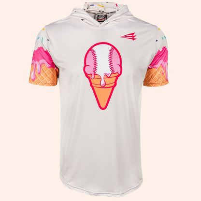 Bleacher Babe white short sleeve baseball hoodie with ice cream cone and baseball graphic on front. Ice cream drip sleeves.