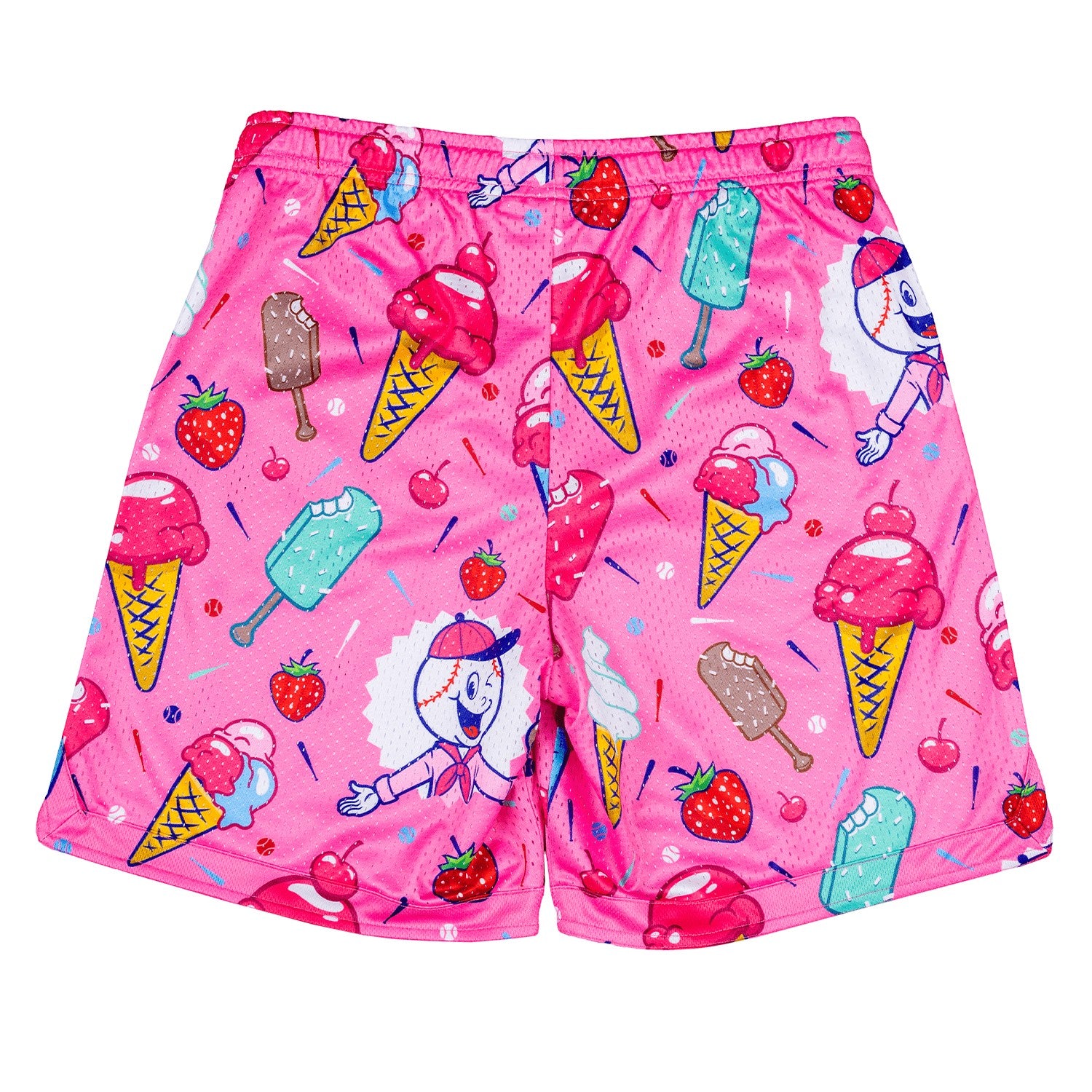 Bleacher Babe pink mesh shorts with ice cream cone, popsicle, and baseball player graphics.
