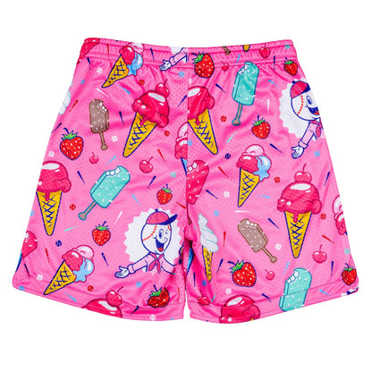 Bleacher Babe pink mesh shorts with ice cream cone, popsicle, and baseball player graphics.