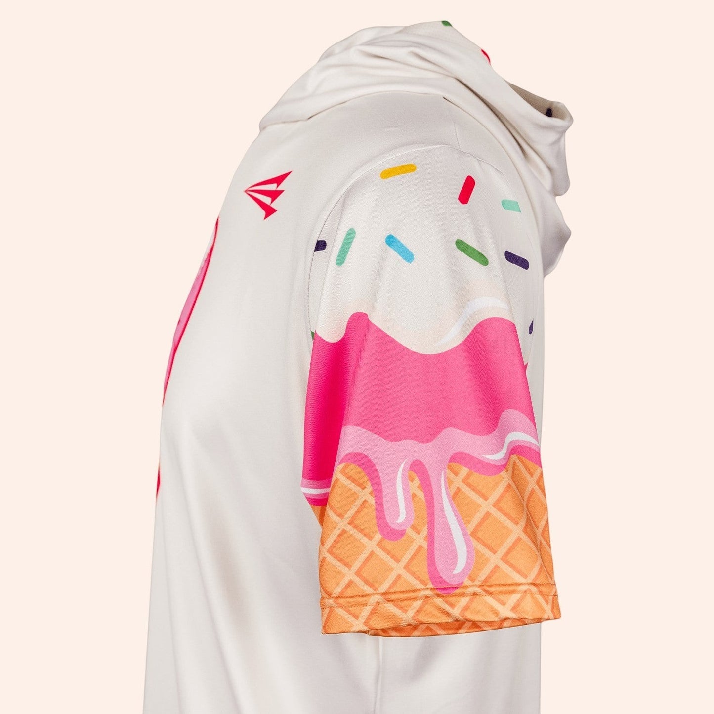 Bleacher Babe white short sleeve hoodie with ice cream cone and sprinkles graphic on sleeves.